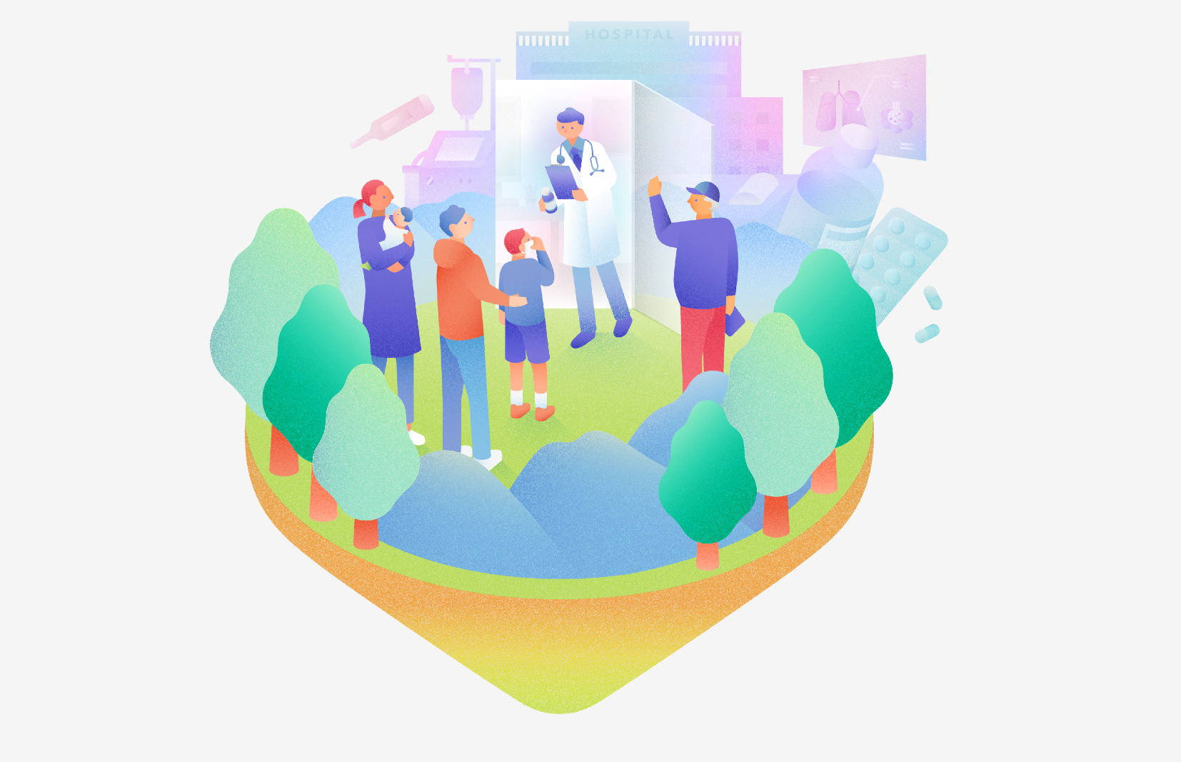 ACSIRYO Platform Overview showing a welcoming healthcare environment with doctors and patients interacting in a natural setting